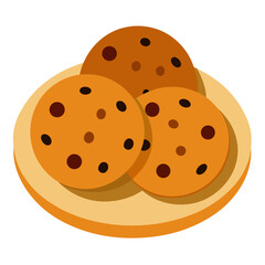 Biscuits with chocolate chips on plate food vector icon on white background.