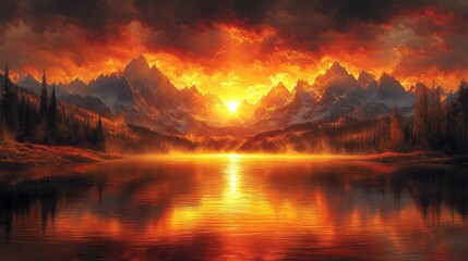 Fiery mountain sunset over a lake