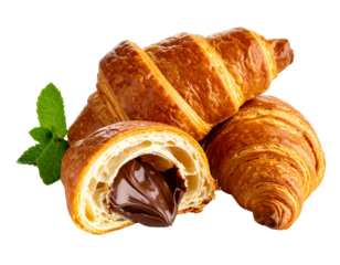 Chocolate-filled croissant with bite cut on transparent background