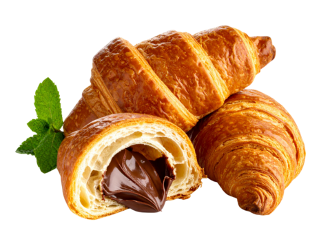 Chocolate-filled croissant with bite cut on transparent background
