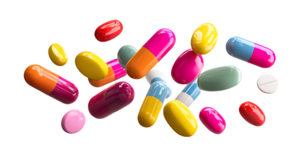 Falling pills and capsules in various colors, healthcare concept, isolated on a white background