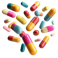Falling pills and capsules in various colors, healthcare concept, isolated on a white background