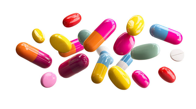 Falling pills and capsules in various colors, healthcare concept, isolated on a white background