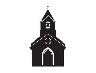 Fototapeta premium Small chapel silhouette icon with a bell tower, in full black vector on white