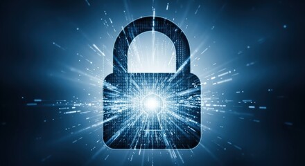 Bright stars illuminate a futuristic blue planet, with a glowing keyhole lock and binary code design representing digital security in space