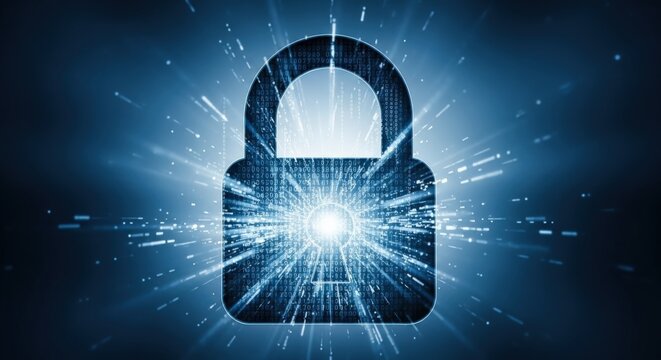 Bright stars illuminate a futuristic blue planet, with a glowing keyhole lock and binary code design representing digital security in space