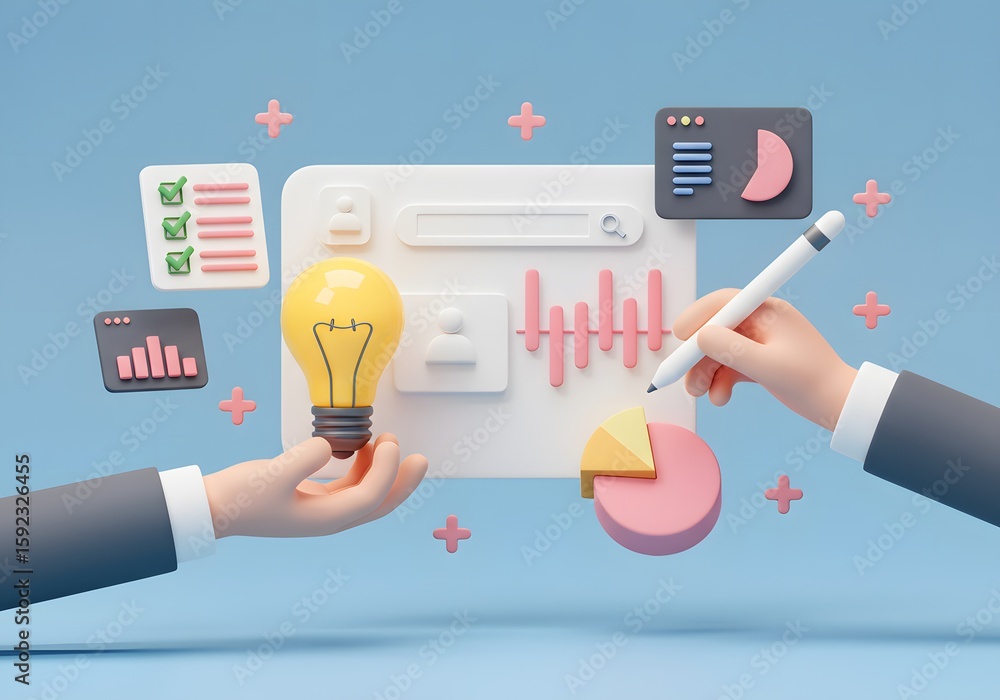 Poster cartoon hands presenting a lightbulb and analyzing data on a screen with charts and graphs shown