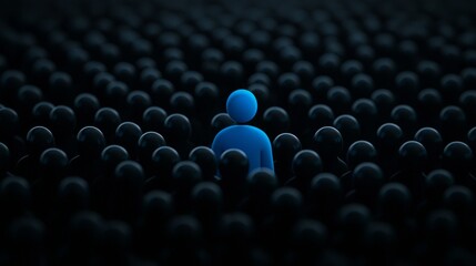 A solitary blue figure stands out among a sea of dark silhouettes, symbolizing individuality amid overwhelming uniformity.