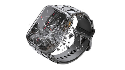 Falling smartwatch with shattered screen and broken strap, dynamic tech concept, isolated on a white background