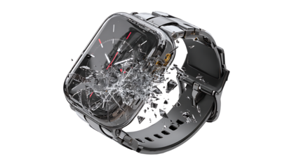 Falling smartwatch with shattered screen and broken strap, dynamic tech concept, isolated on a white background