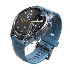 Falling smartwatch with shattered screen and broken strap, dynamic tech concept, isolated on a white background