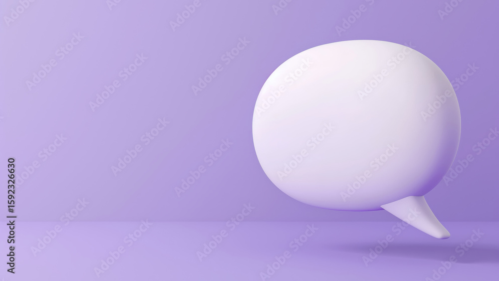 Poster white 3d speech bubble floating on a violet background. minimalist design for communication, dialogu