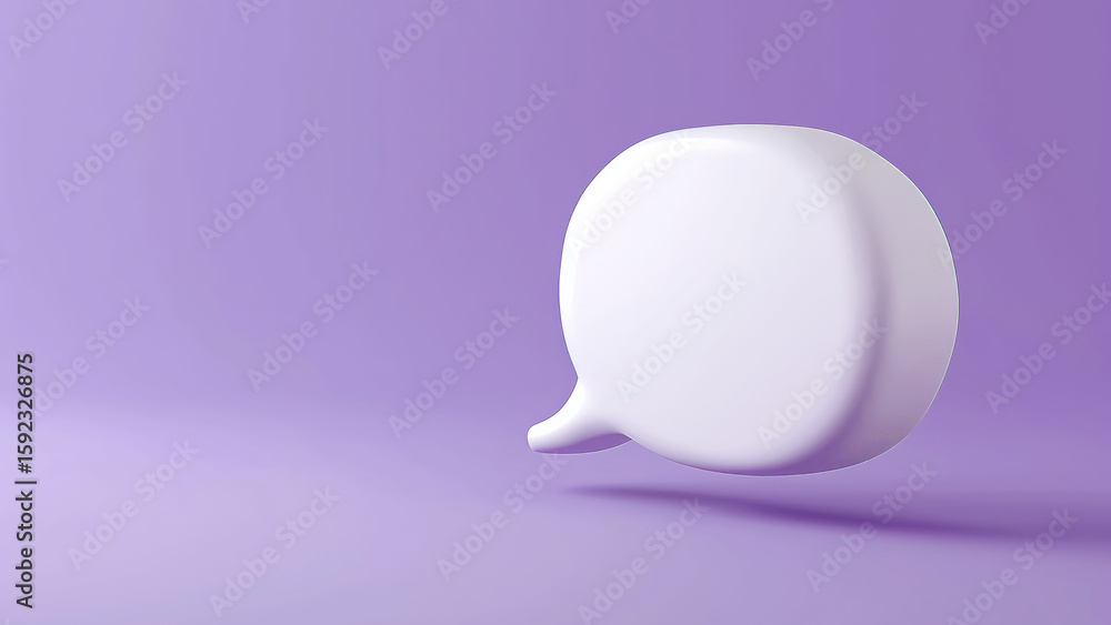 Poster white 3d speech bubble floating on a violet background. simple chat notification icon for communicat