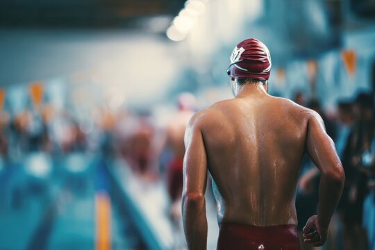 Competitive swimming event indoor pool action photography athletic environment focused viewpoint