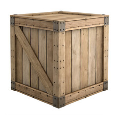 An old rustic wooden box, a sturdy shipping crate, stands ready for transport, isolated with a transparent PNG background.