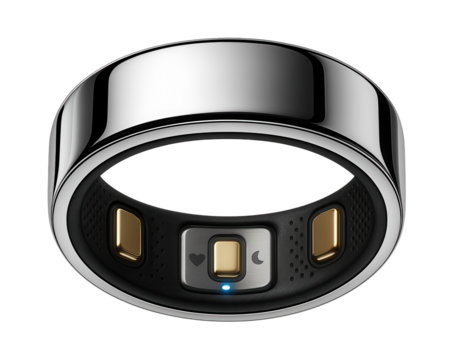 Sleep tracker ring with a metallic finish and embedded sensors