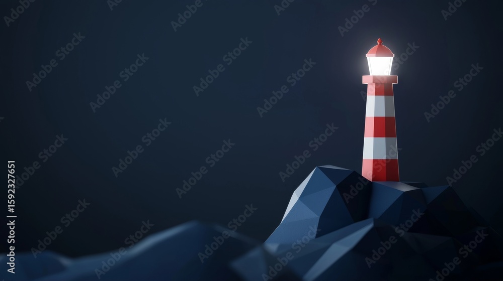 Poster a stylized lighthouse stands on a rocky base, illuminated by its beacon against a dark background, c