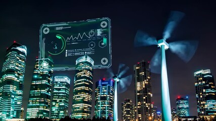 Futuristic smart city skyline with digital data interface and wind turbines, night scene, innovation, sustainable energy and technology, eco-friendly digital infrastructure - Powered by Adobe