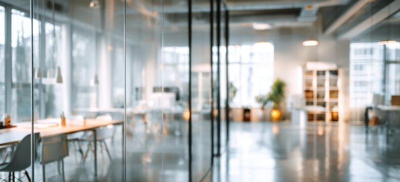 Blurred modern office interior with glass walls and white tables for business background with copy space Abstract blurry virtual blurred working room panoramic view with office equipment Generative AI