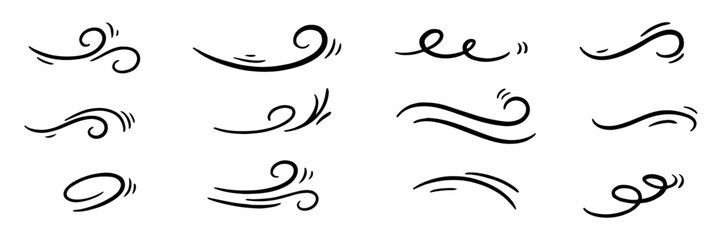 Hand drawn wind line sketch vector set. Doodle comic style wind motion, air blow, swirl elements design. Wind blow motion, smoke flow. Vector illustration.