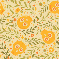 Yellow Sugar Skulls and Florals Pattern