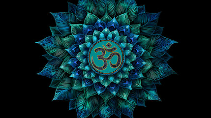Vibrant om symbol mandala with abstract leaf petals in green and teal. radial mantra. Illustration