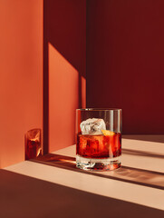 A glass of negroni cocktail with ice cubes and orange zest on a red background with dramatic sunlight