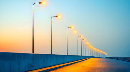 Fototapeta premium A paved road at dawn or dusk, lined with tall lampposts casting warm light. A low concrete wall runs along the edge of the road