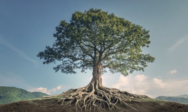 Majestic tree with extensive roots against a clear sky