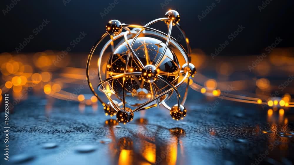 Poster intricate atomic structure with glowing orange lines and reflective sphere on dark background