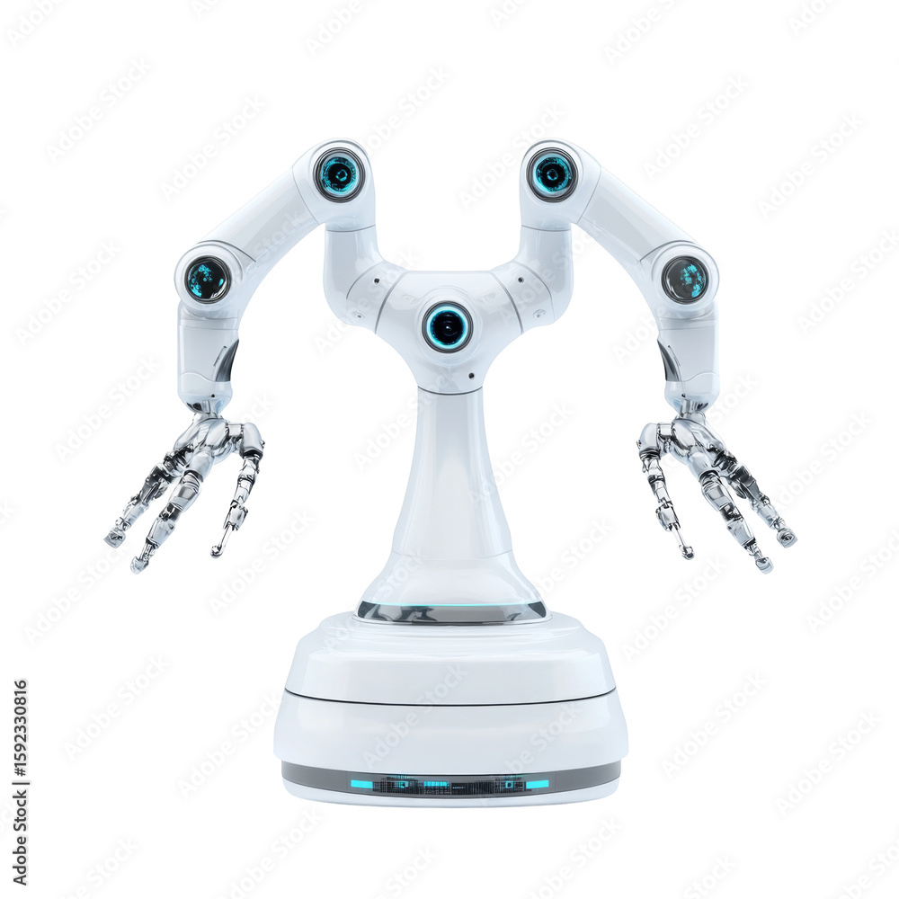 Aufkleber futuristic robotic arm with multiple joints and advanced mechanical hands in white