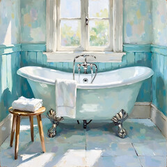Vintage bathroom with clawfoot tub, cozy interior oil painting, rustic bathroom wall art, high resolution printable
