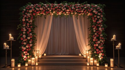A beautifully decorated archway with flowers and candles, creating a romantic atmosphere for a special event or ceremony.
