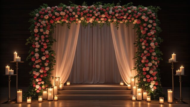 A beautifully decorated archway with flowers and candles, creating a romantic atmosphere for a special event or ceremony.