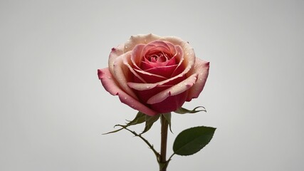Naklejka premium Elegant pink rose with dew drops on stem highlighted against gray background