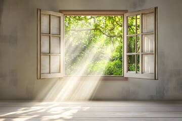 A soft breeze blowing through a pristine room, with light filtering in through an open window, symbolizing freshness and calm, with copy space. 