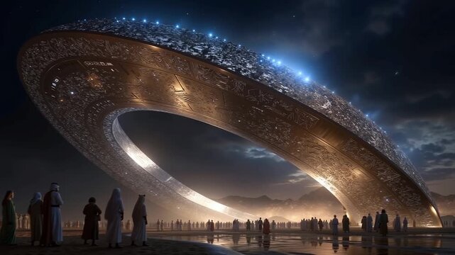 A group of people standing in front of a large circular structure