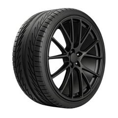Obraz premium A black car tire with a modern dark rim stands isolated on a transparent background, ready for vehicle use, a clear png.