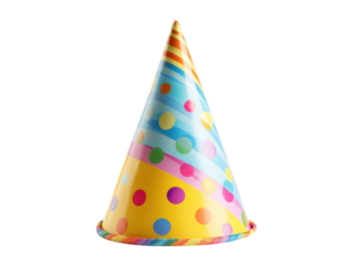 Festive conical party hat with colorful polka dots and stripes celebration, Isolated, Transparent Png
