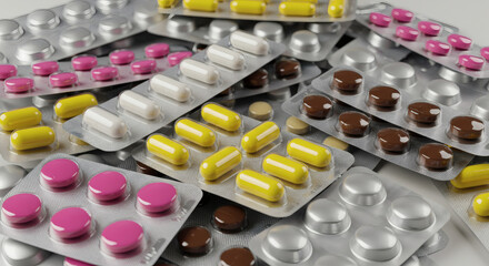 Close-up of various colorful pills and capsules in silver blister packs, symbolizing modern medicine, pharmaceutical industry, healthcare, and treatment options for health and wellness.