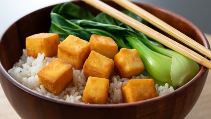 A bowl of tofu and rice with bok choy and chopsticks on the side