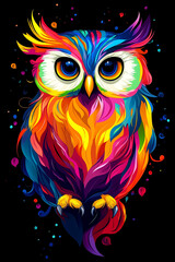 Colorful and vibrant owl illustration with intricate feather patterns on a black background