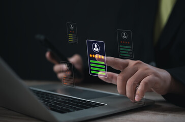 Businessperson evaluating digital star rating profiles on virtual interface, highlighting user feedback, performance scores, the impact of online ratings on professional credibility and reputation.