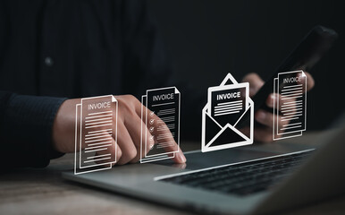 Businessman selecting a digital invoice document on a laptop screen with floating icons, representing online billing, finance automation, secure payment processing, and modern accounting systems.