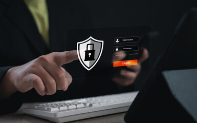 Professional using smartphone and computer accesses a secure login interface with a shield icon, representing online identity protection, data privacy, and cybersecurity authentication.