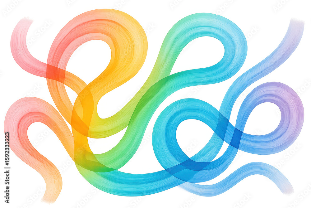 Poster colorful brush strokes intertwining on a transparent background, forming an abstract design with a v