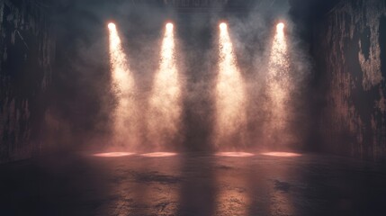 Three spotlights illuminate a smoky, dark room with a textured floor and walls.