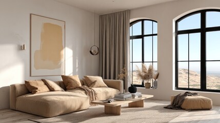 A modern living room with large windows and warm tones.