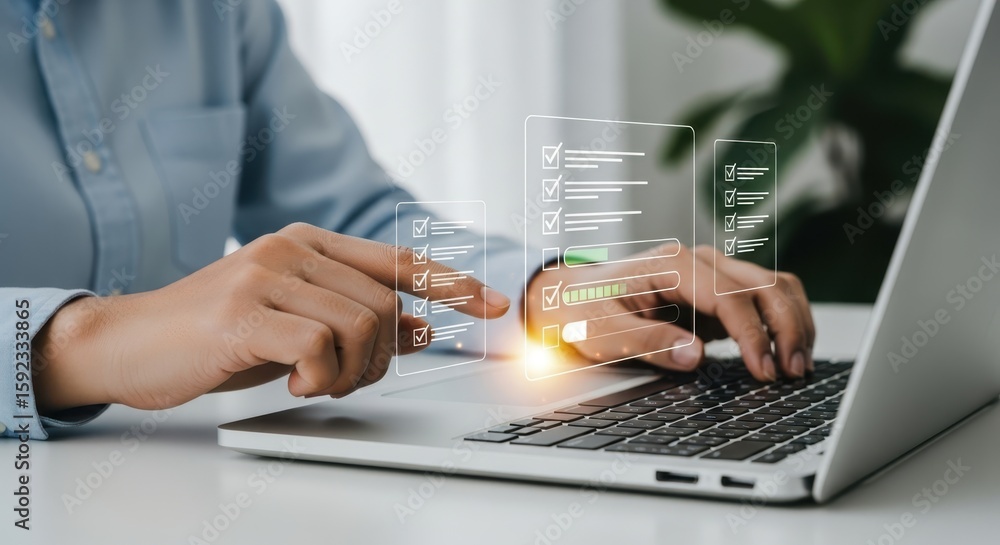 Poster photo of a persons hands are seen typing on a laptop keyboard, interacting with a digital checklist 