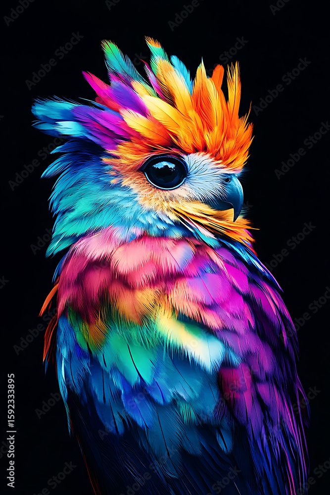 Poster vibrant and colorful bird with a unique feather pattern against a dark background